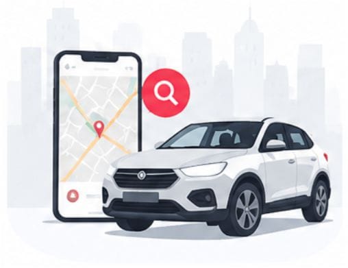 App mostrando un mapa con la ubicación y un vehículo disponible